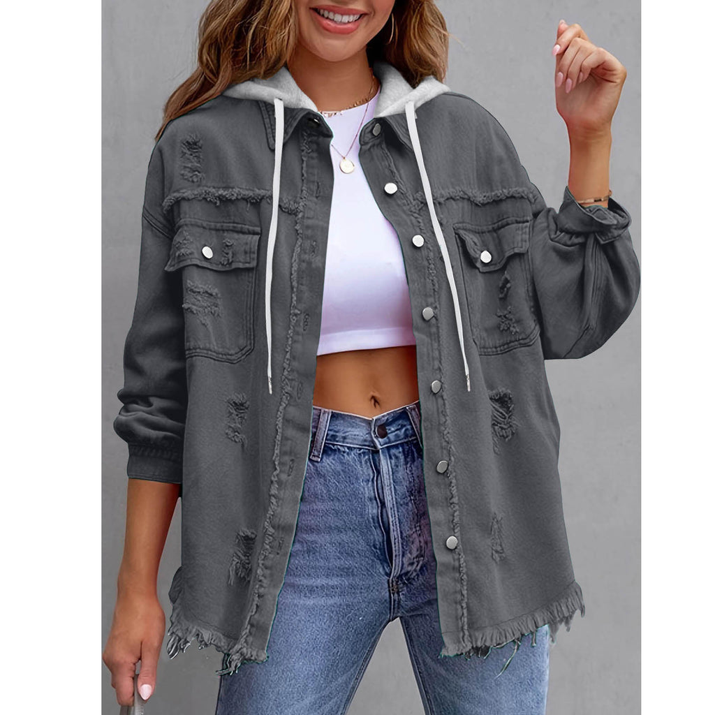 Oversized Frayed Denim Hooded Jacket - DarkGray