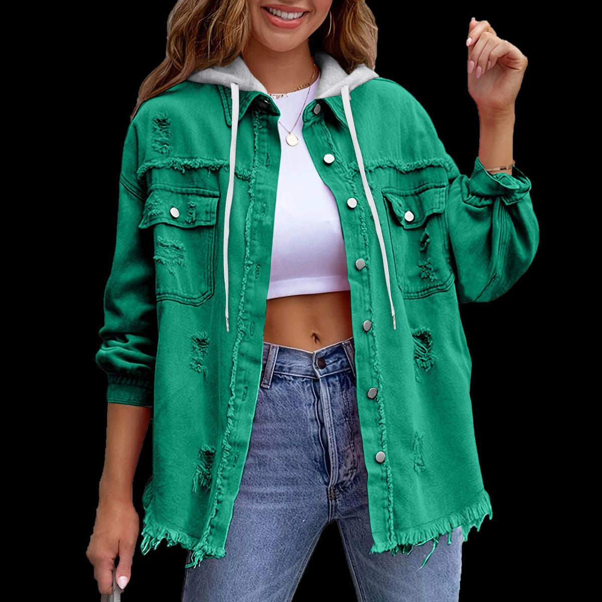 Oversized Frayed Denim Hooded Jacket - DkGreen