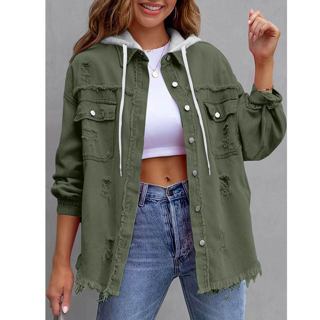 Oversized Frayed Denim Hooded Jacket - Forest