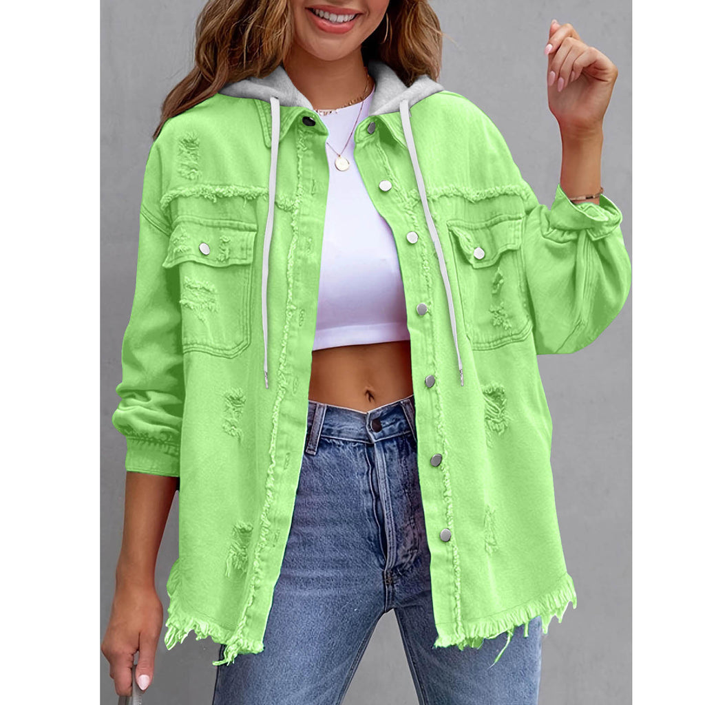 Oversized Frayed Denim Hooded Jacket - Green