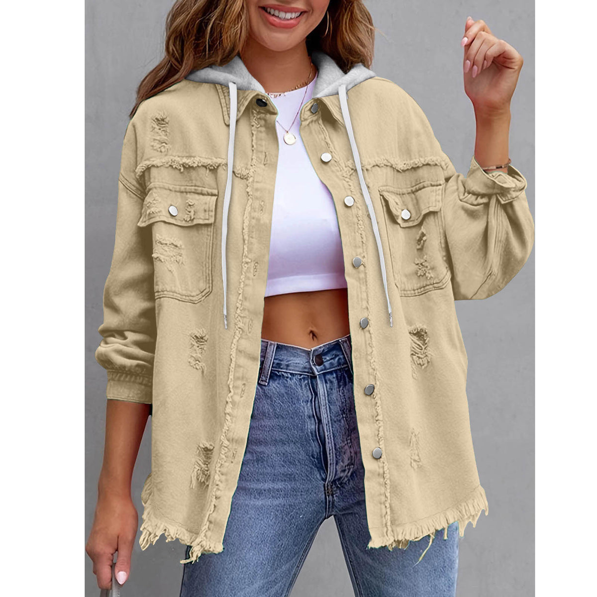 Oversized Frayed Denim Hooded Jacket - Khaki