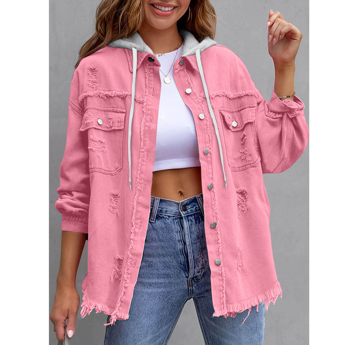 Oversized Frayed Denim Hooded Jacket - Pink