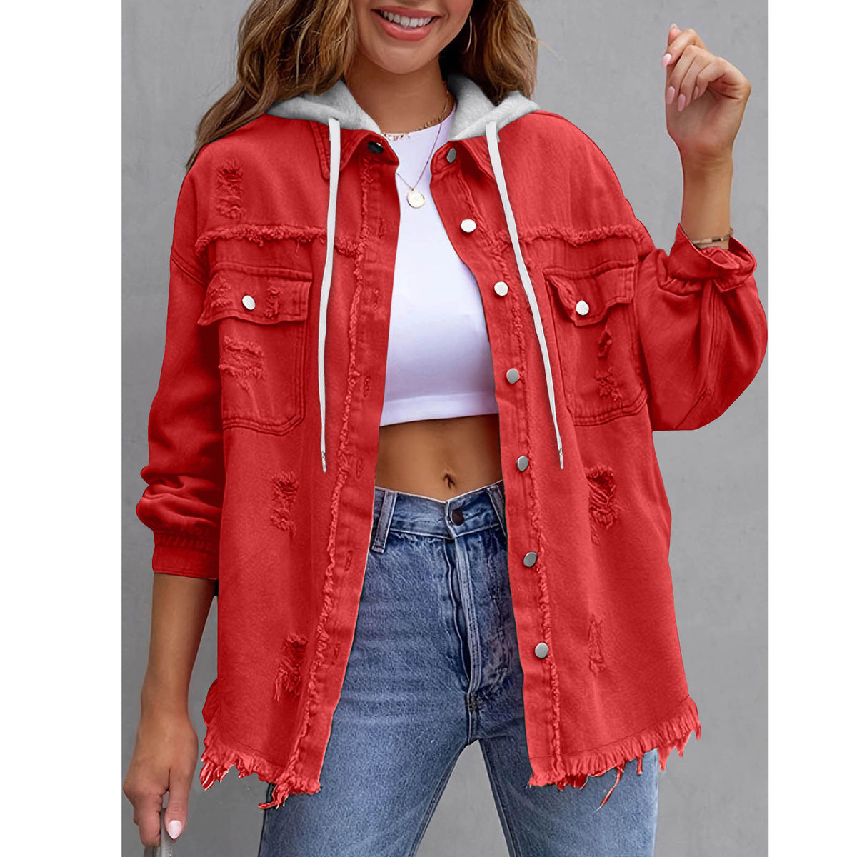 Oversized Frayed Denim Hooded Jacket - Red