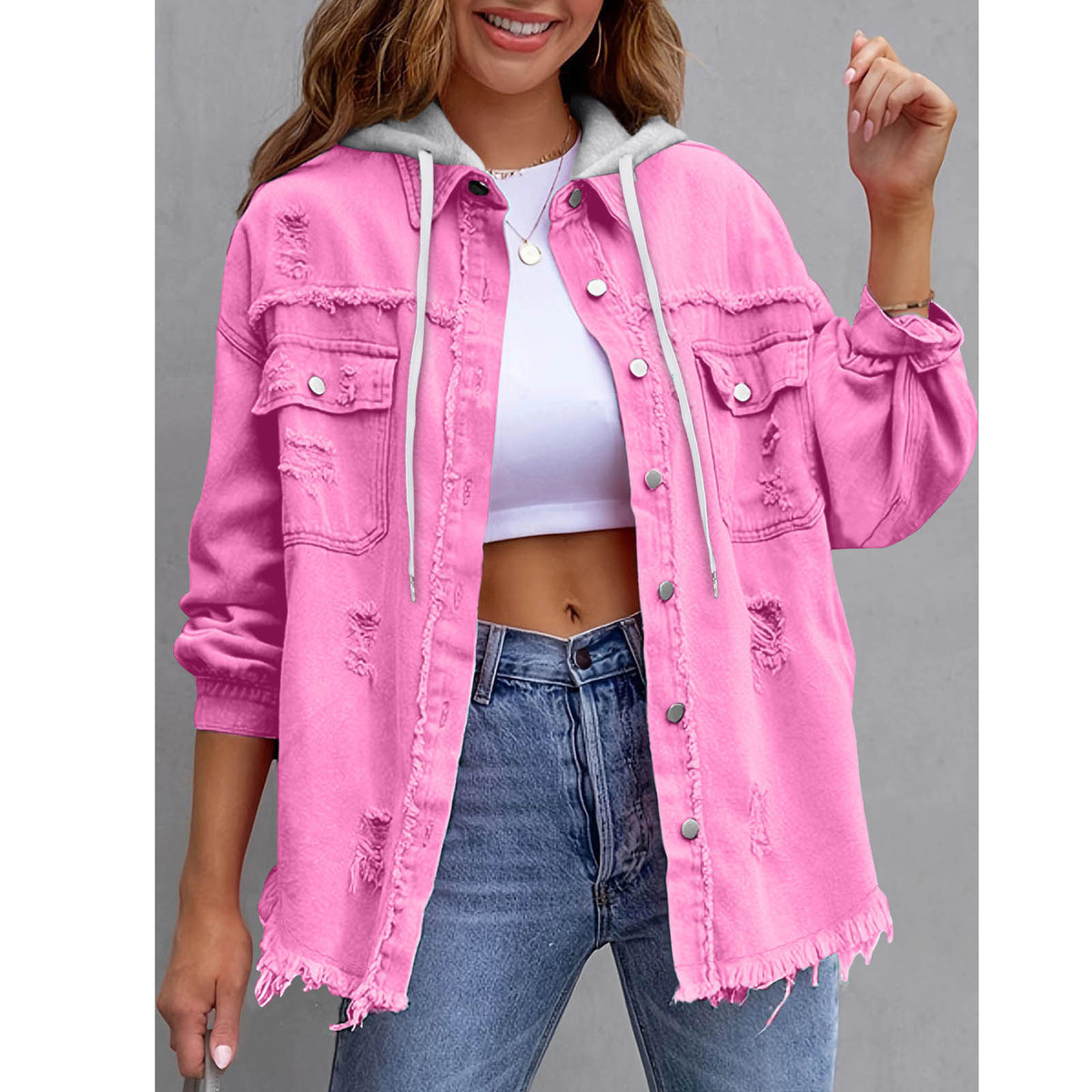 Oversized Frayed Denim Hooded Jacket - RoseRed