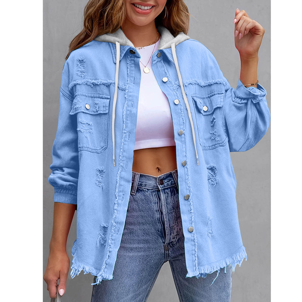 Oversized Frayed Denim Hooded Jacket - SkyBlue