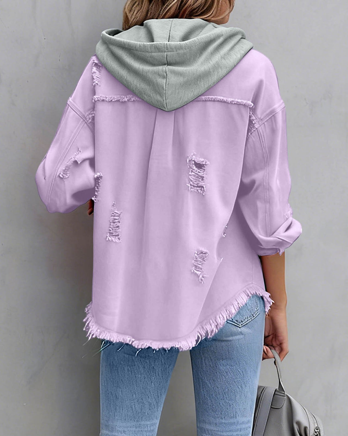 Oversized Frayed Denim Hooded Jacket - Violet - 1