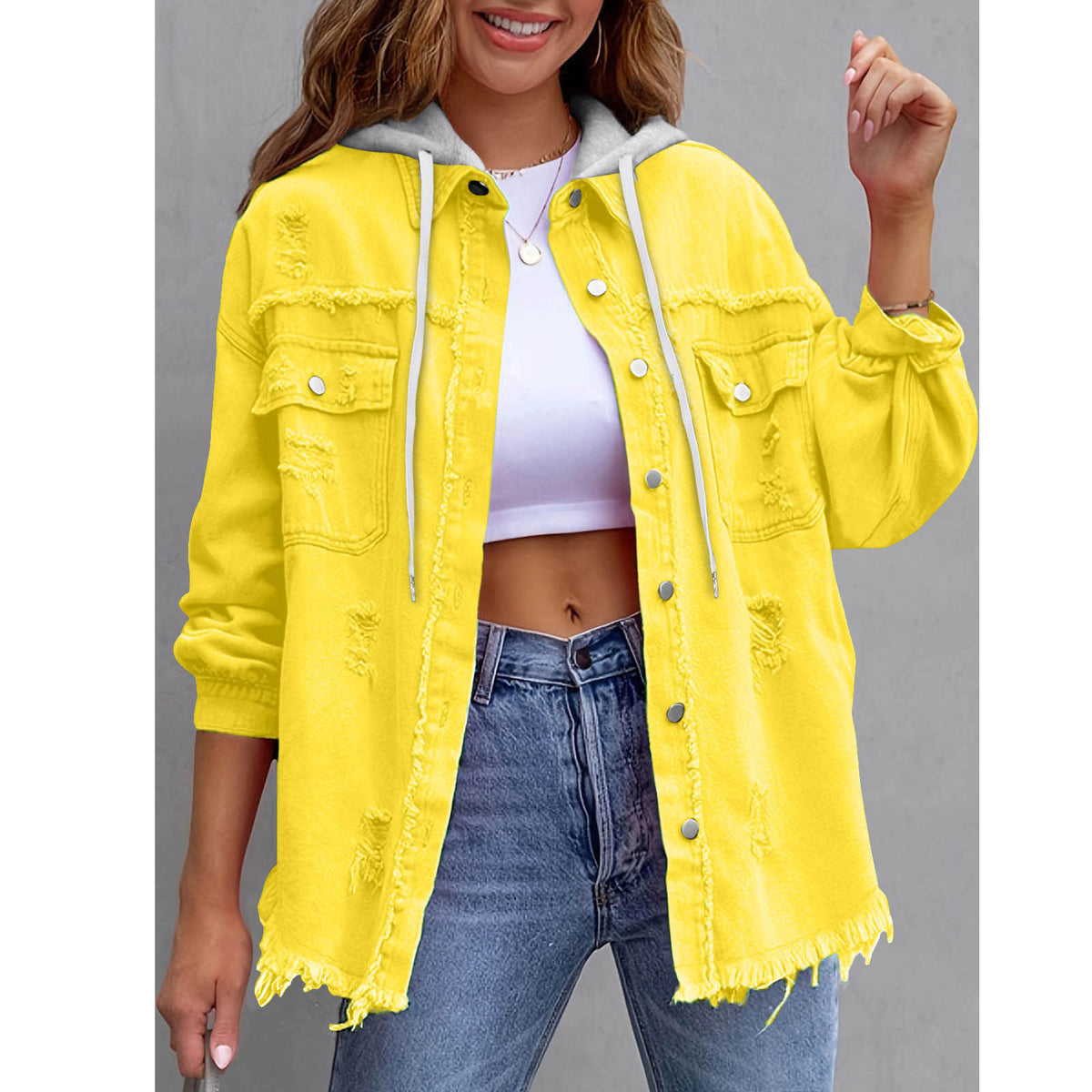 Oversized Frayed Denim Hooded Jacket - Yellow