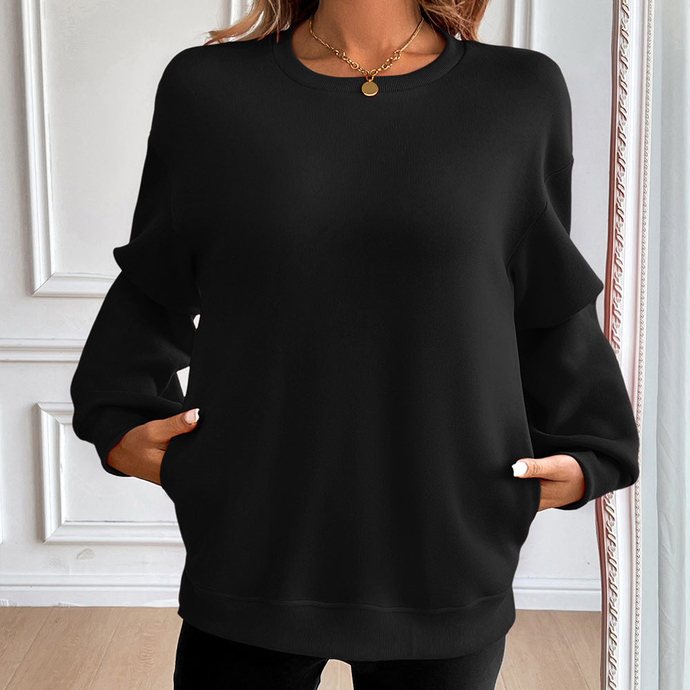 Oversized Crew Neck Sweatshirt with Side Slits - Black