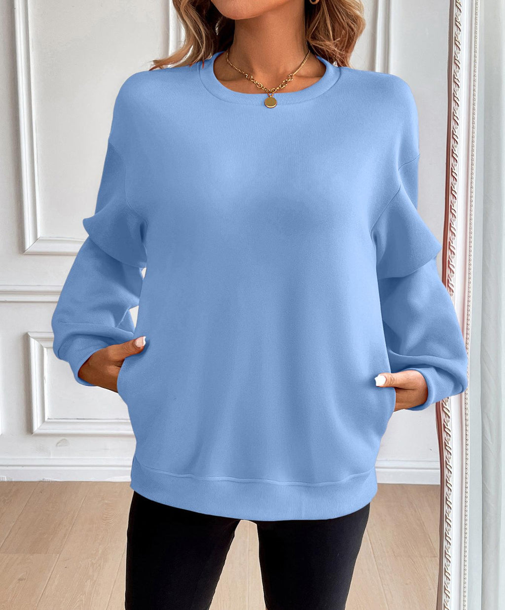 Oversized Crew Neck Sweatshirt with Side Slits - Blue