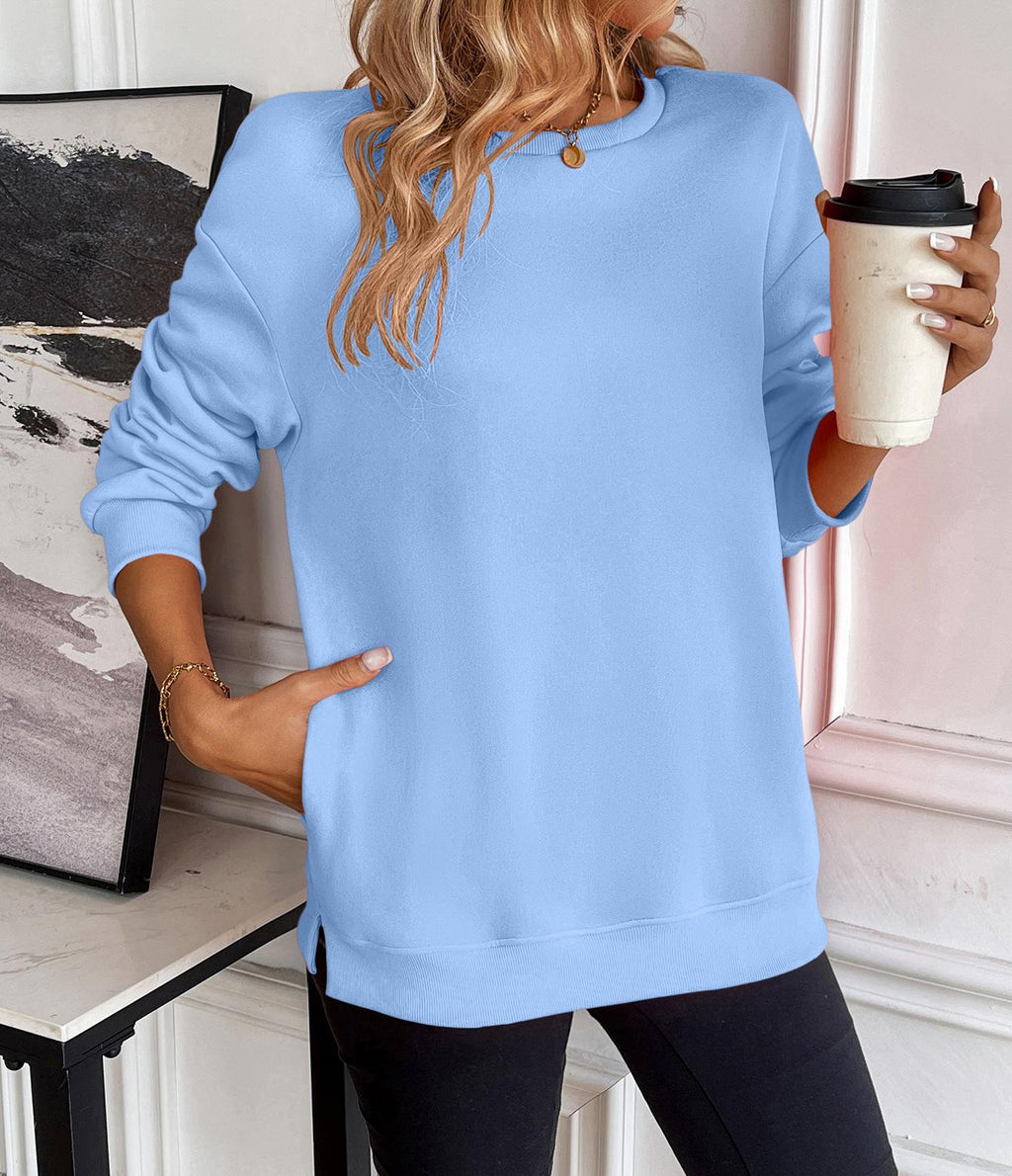 Oversized Crew Neck Sweatshirt with Side Slits - Blue - 2