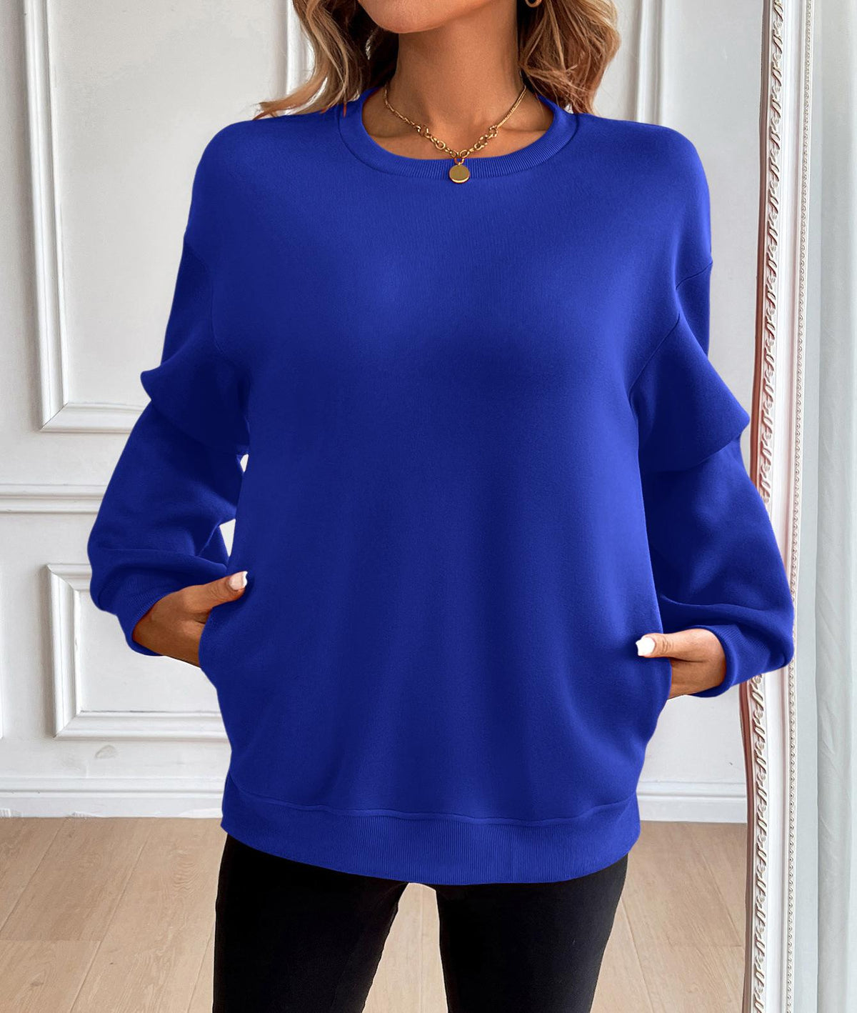 Oversized Crew Neck Sweatshirt with Side Slits - DeepBlue