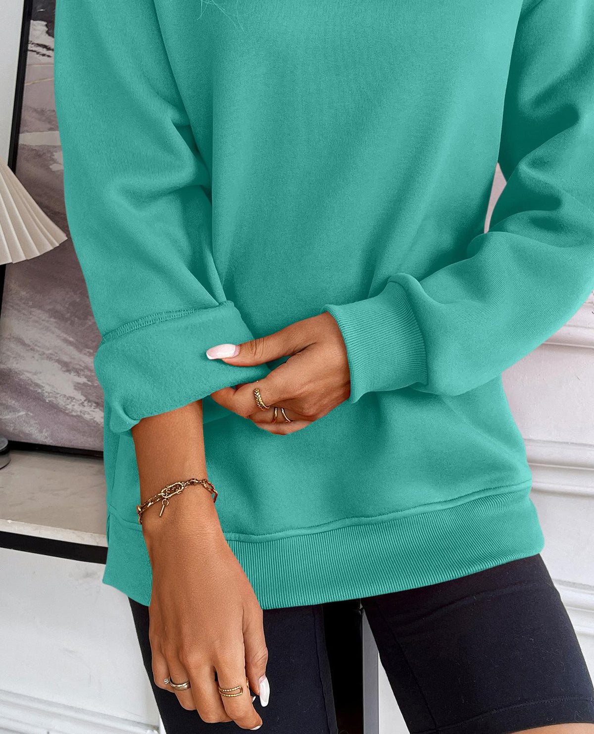 Oversized Crew Neck Sweatshirt with Side Slits - Green - 2