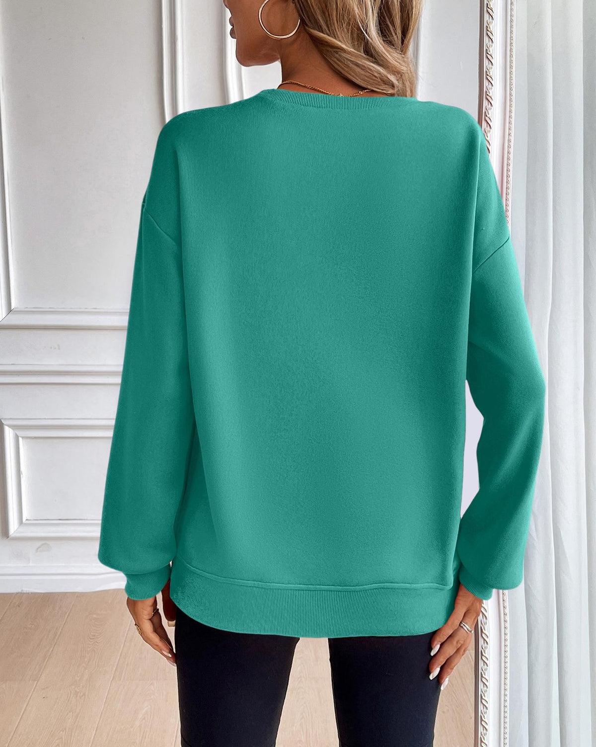 Oversized Crew Neck Sweatshirt with Side Slits - Green - 4