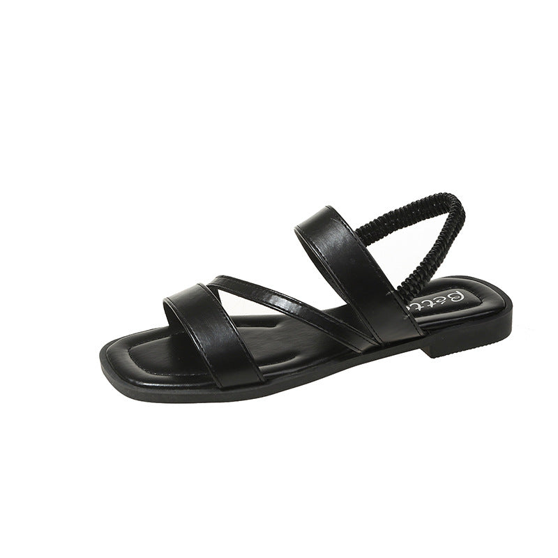 Wide Band Slingback Flat Sandals - black
