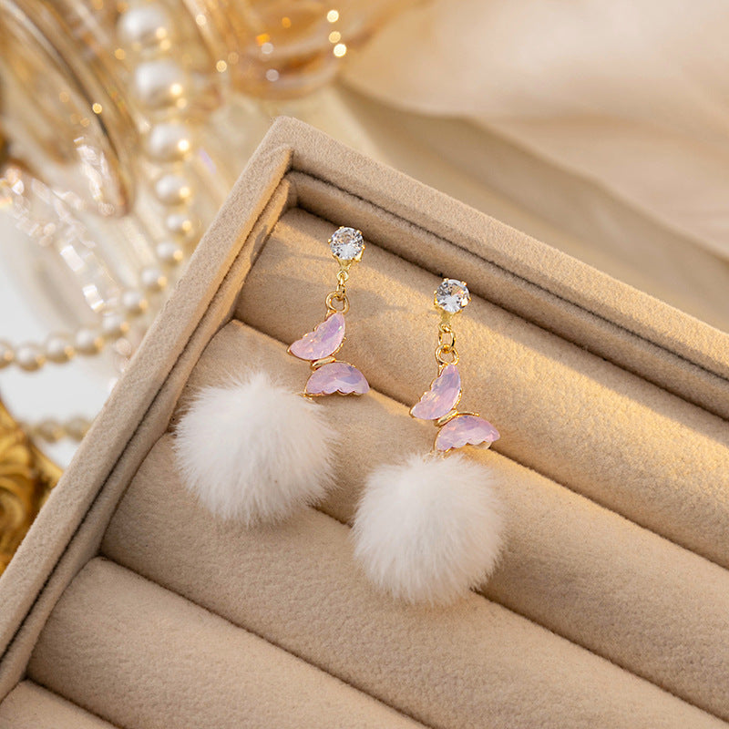 Crystal Butterfly Fluffy Pom Drop Earrings - Pink - 2