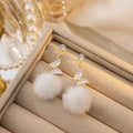 Crystal Butterfly Fluffy Pom Drop Earrings - White