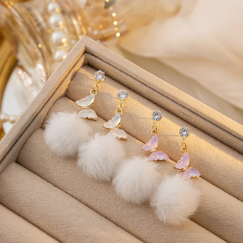 Crystal Butterfly Fluffy Pom Drop Earrings - White - 2