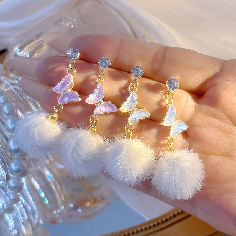 Crystal Butterfly Fluffy Pom Drop Earrings