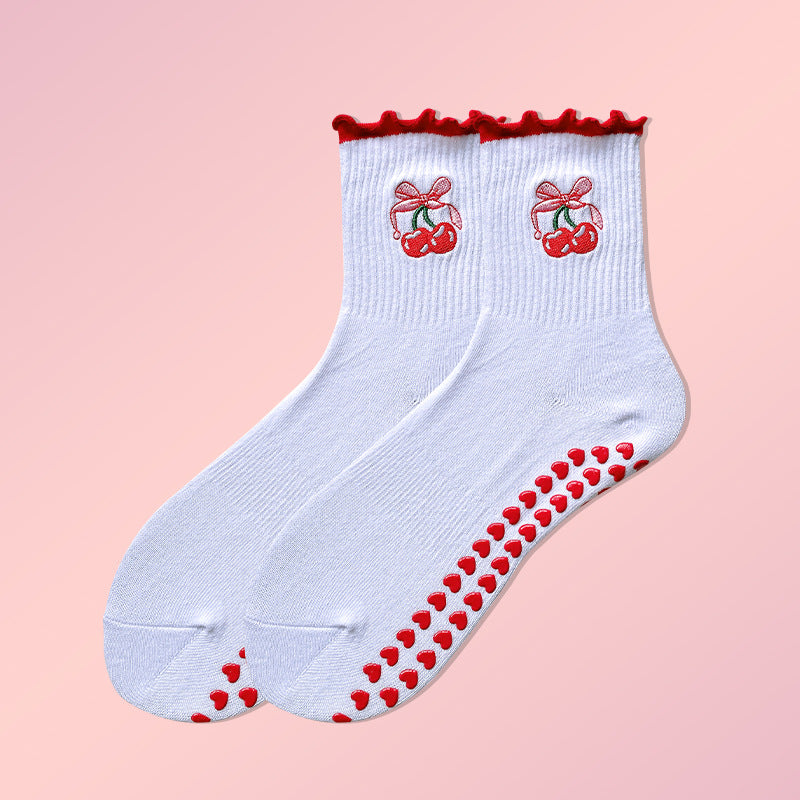 Lettuce Trim Embroidered Grip Crew Socks - Cherry1