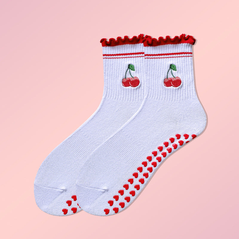 Lettuce Trim Embroidered Grip Crew Socks - Cherry2
