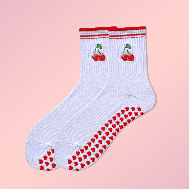 Lettuce Trim Embroidered Grip Crew Socks - Cherry3