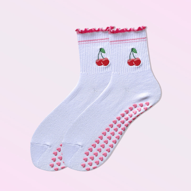 Lettuce Trim Embroidered Grip Crew Socks - Cherry4