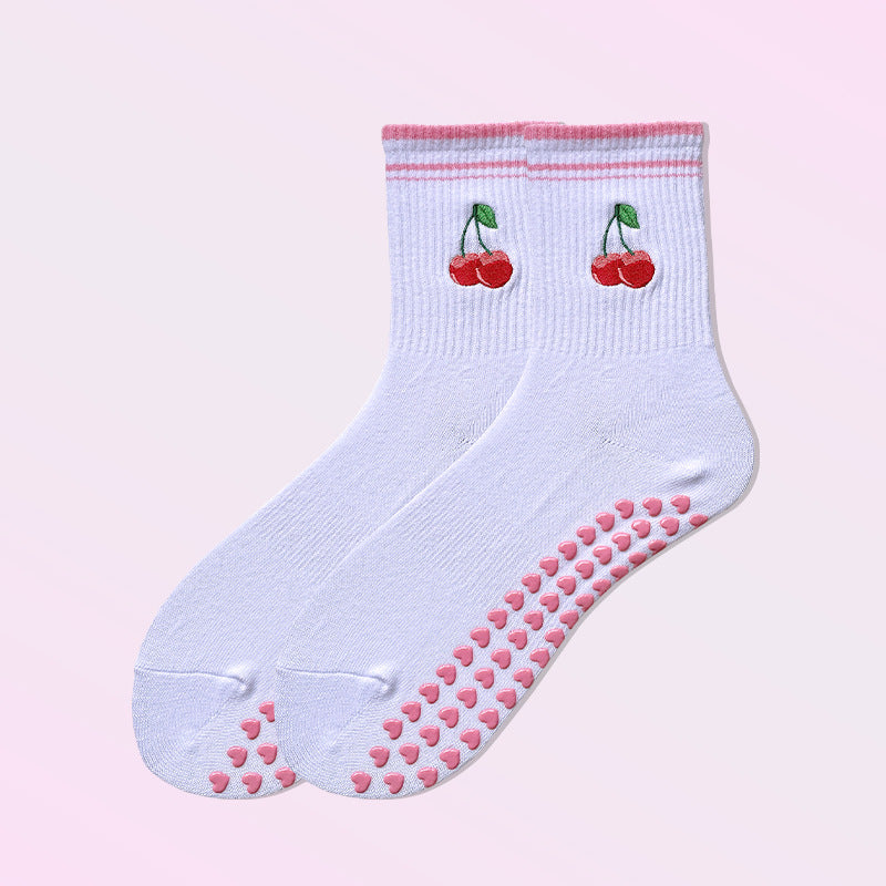 Lettuce Trim Embroidered Grip Crew Socks - Cherry5
