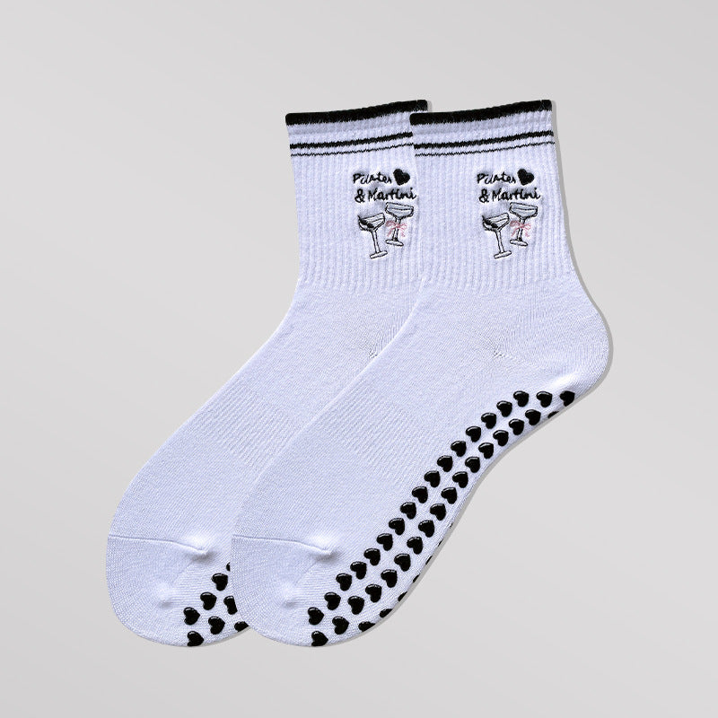 Lettuce Trim Embroidered Grip Crew Socks - Cocktail