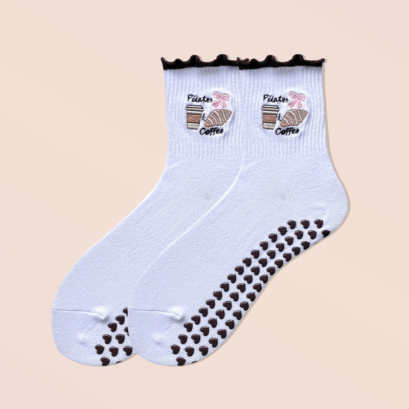 Lettuce Trim Embroidered Grip Crew Socks - Coffee