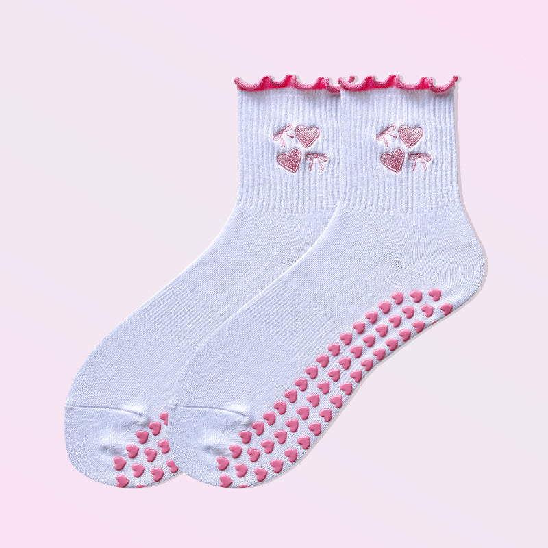 Lettuce Trim Embroidered Grip Crew Socks - Heart