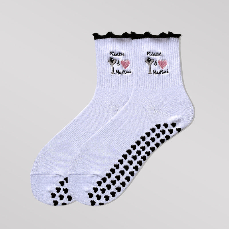 Lettuce Trim Embroidered Grip Crew Socks - Love
