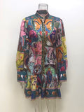 Scarf Print Long Sleeve Collared Mini Dress - Printed