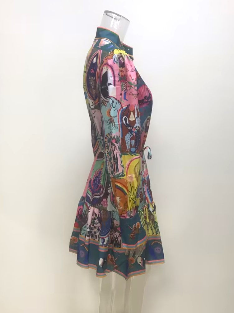 Scarf Print Long Sleeve Collared Mini Dress - Printed - 1