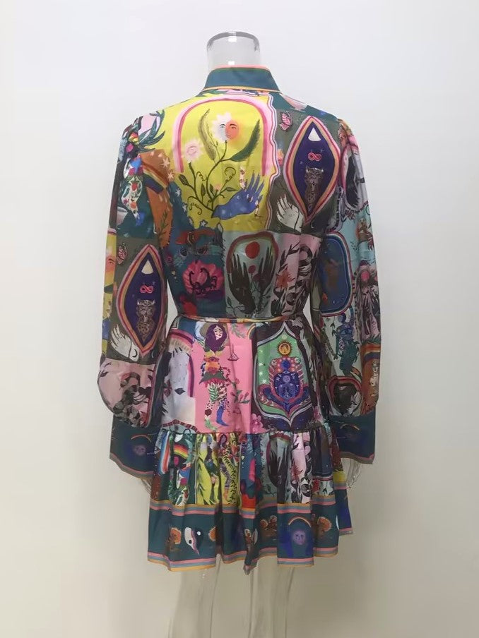 Scarf Print Long Sleeve Collared Mini Dress - Printed - 2