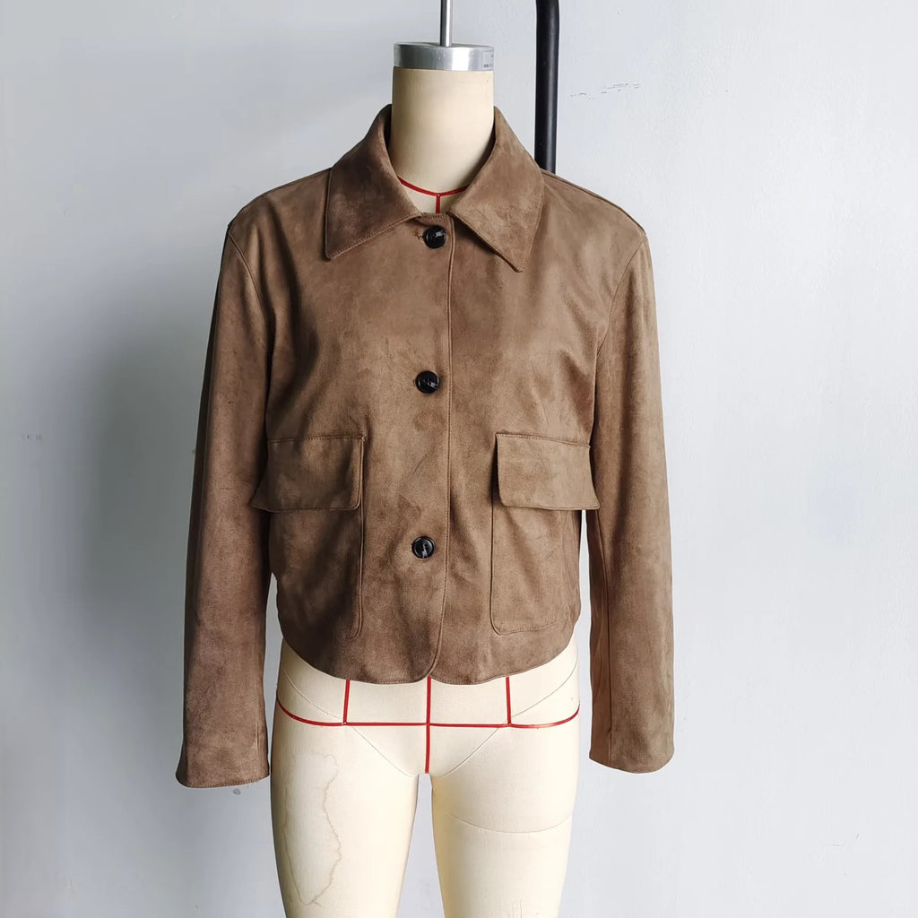 Faux Suede Collared Cropped Jacket - Brown