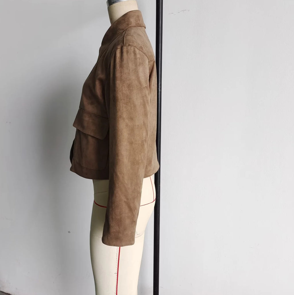 Faux Suede Collared Cropped Jacket - Brown - 1