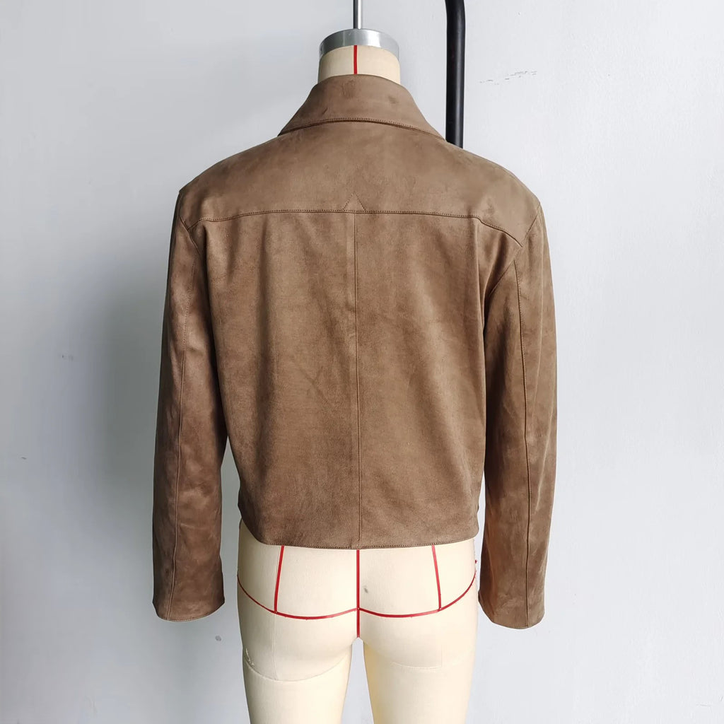 Faux Suede Collared Cropped Jacket - Brown - 2