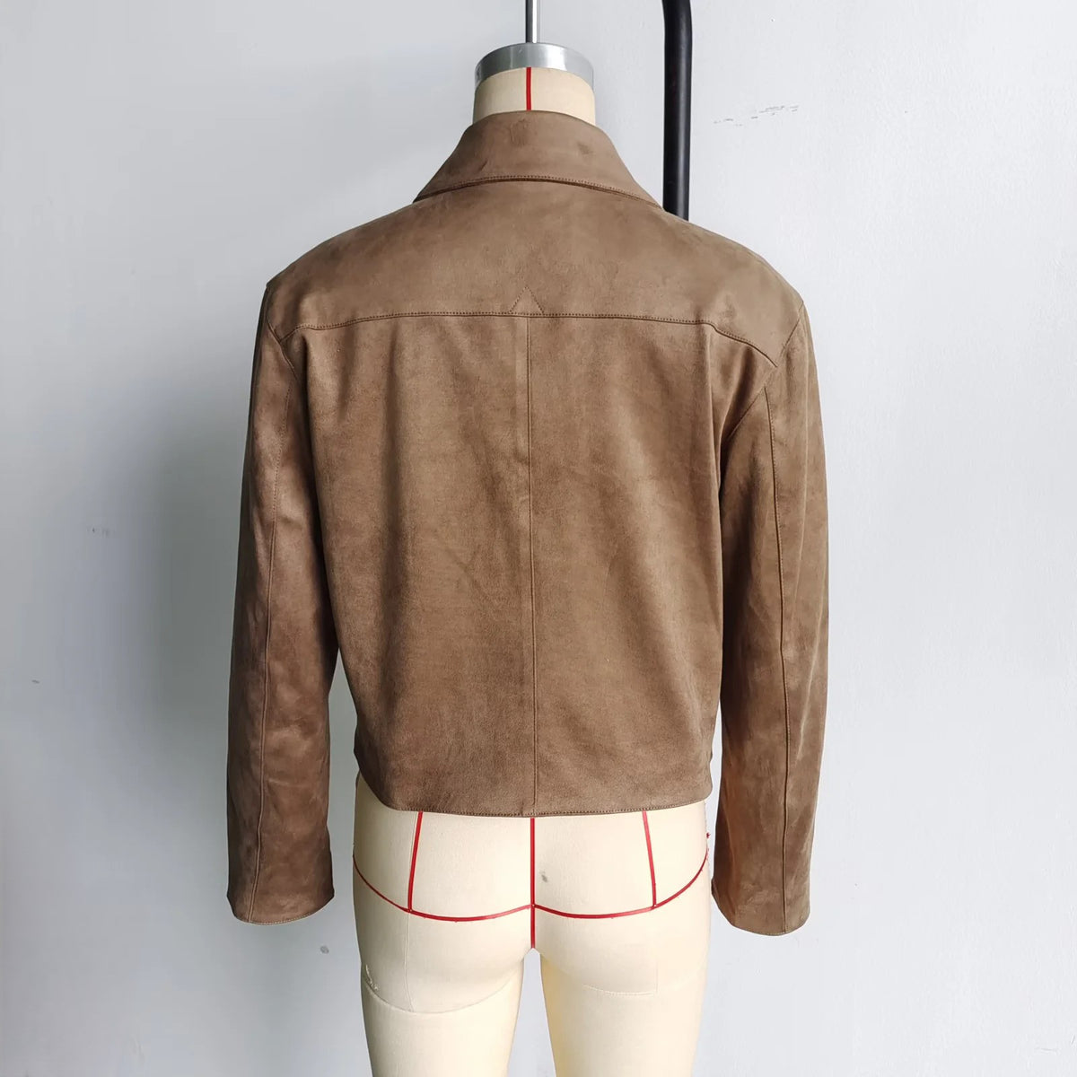 Faux Suede Collared Cropped Jacket - Brown - 2