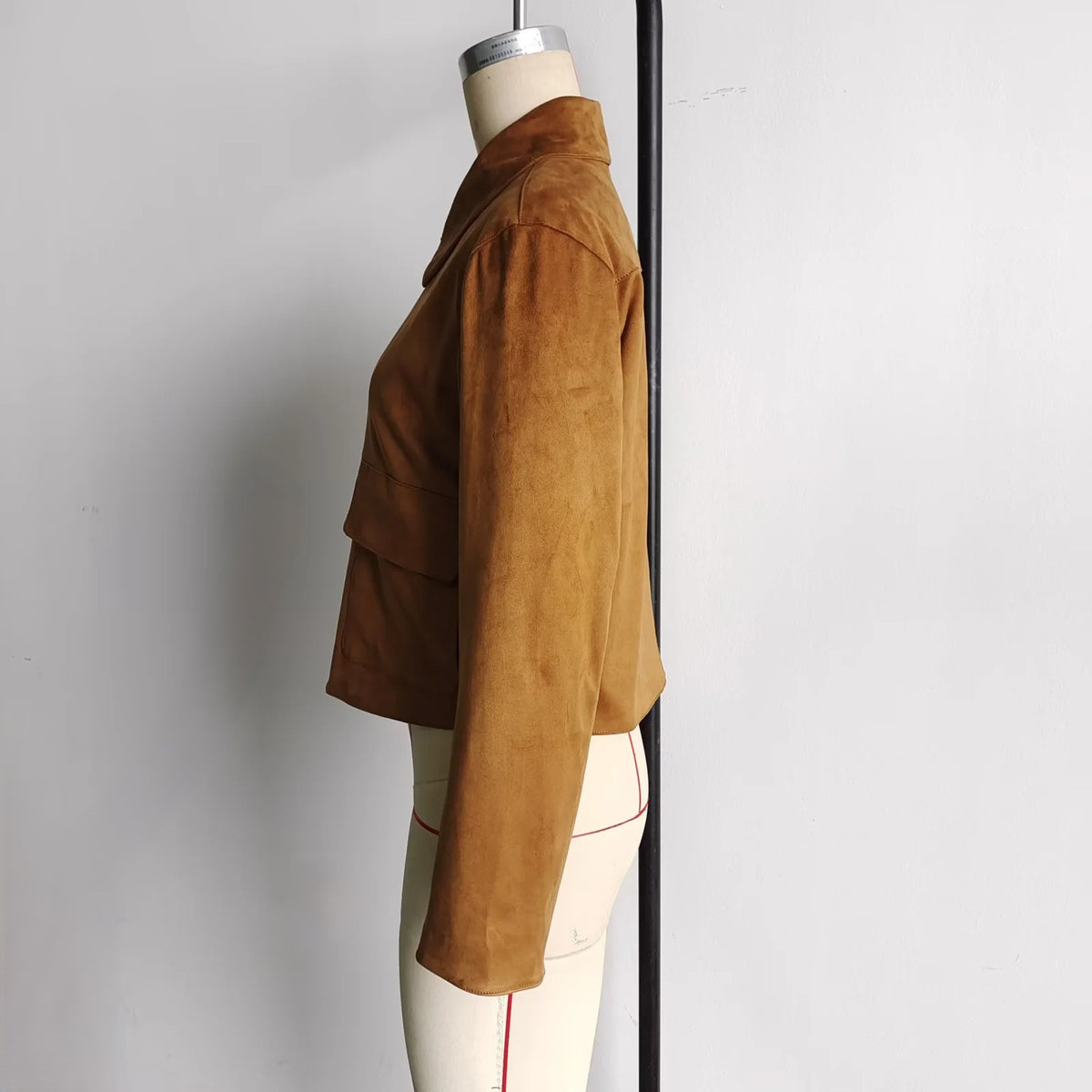 Faux Suede Collared Cropped Jacket - Khaki - 1