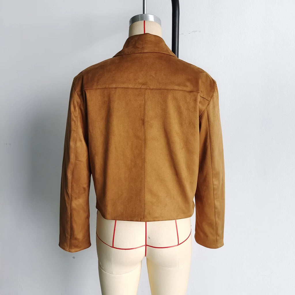 Faux Suede Collared Cropped Jacket - Khaki - 2