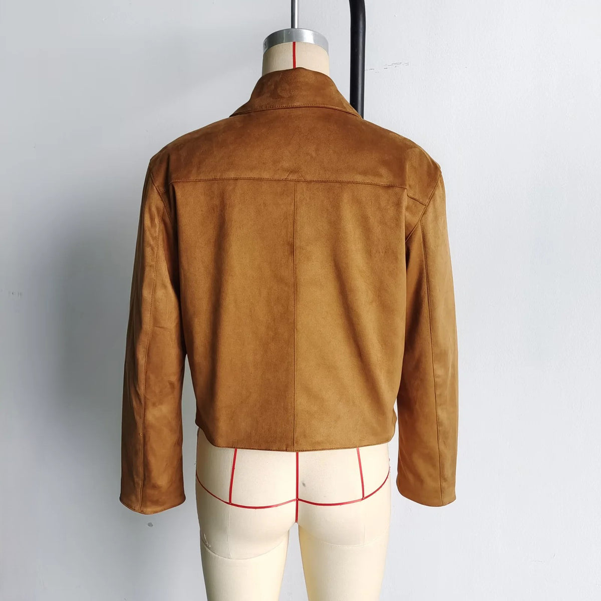 Faux Suede Collared Cropped Jacket - Khaki - 2