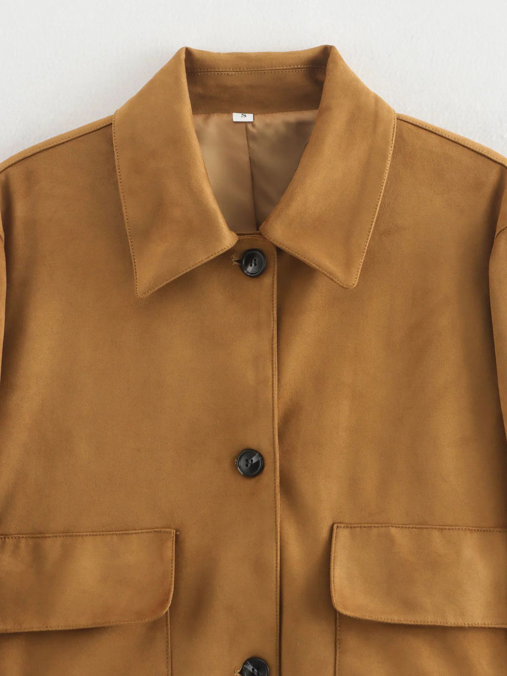 Faux Suede Collared Cropped Jacket - Khaki - 3