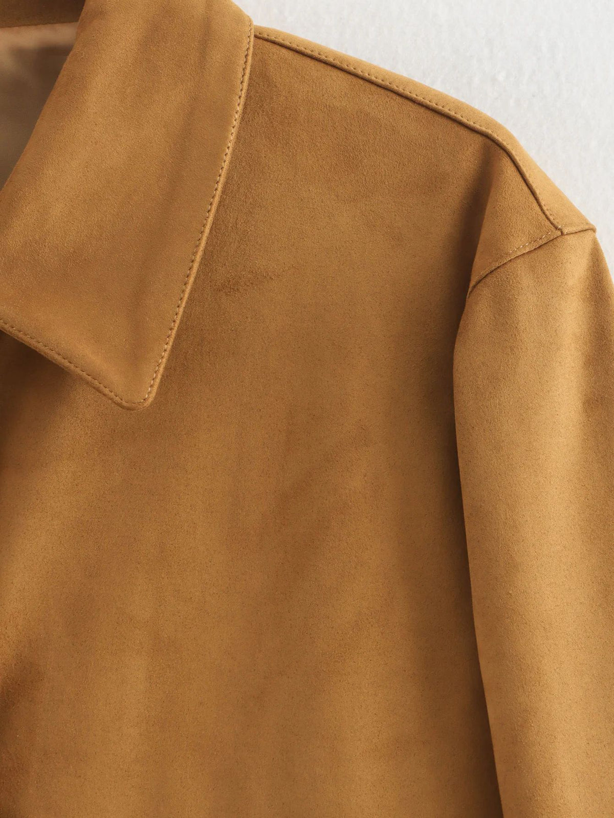 Faux Suede Collared Cropped Jacket - Khaki - 4