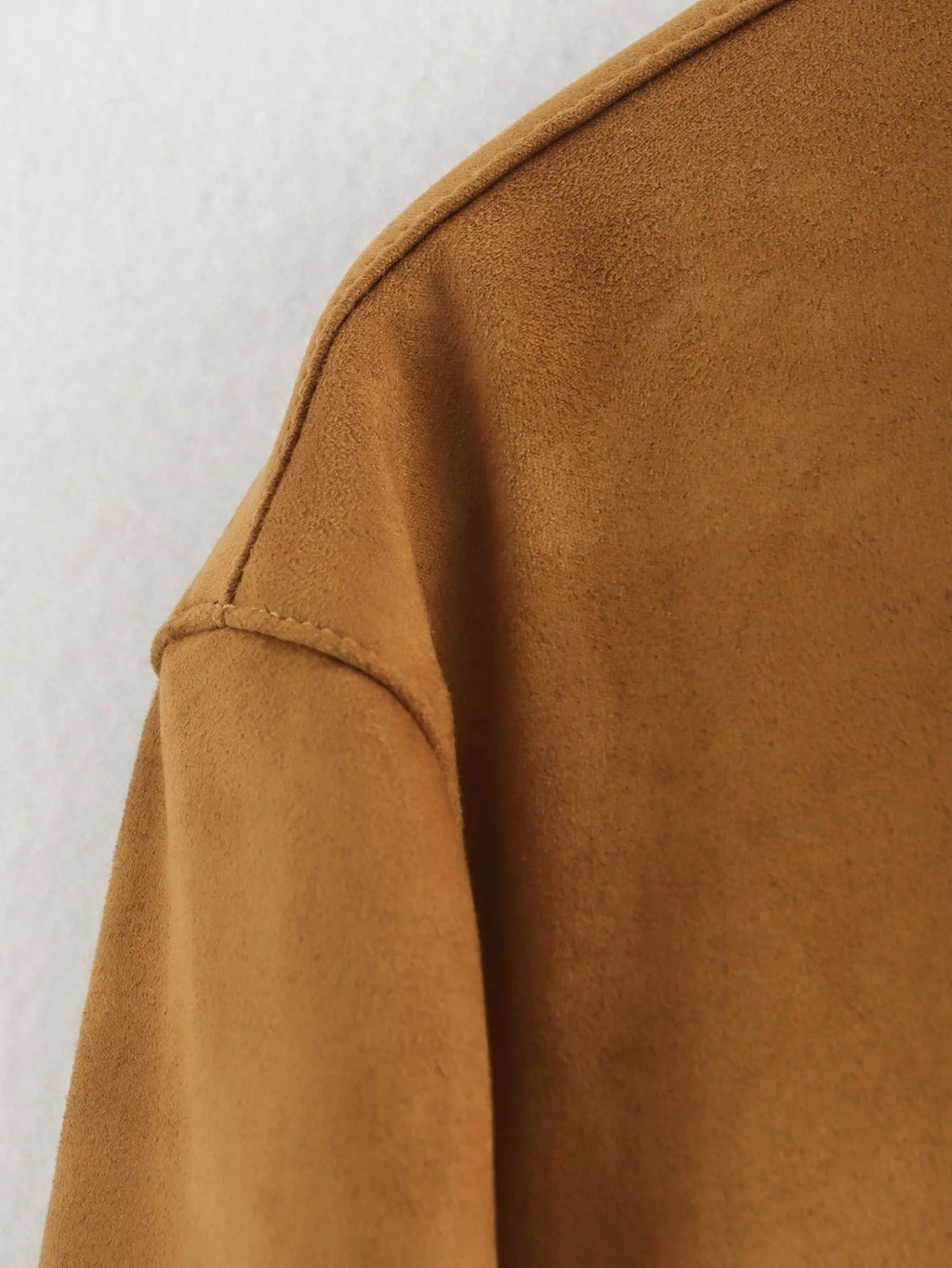 Faux Suede Collared Cropped Jacket - Khaki - 5