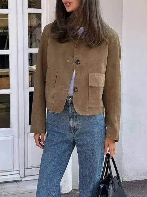 Faux Suede Collared Cropped Jacket