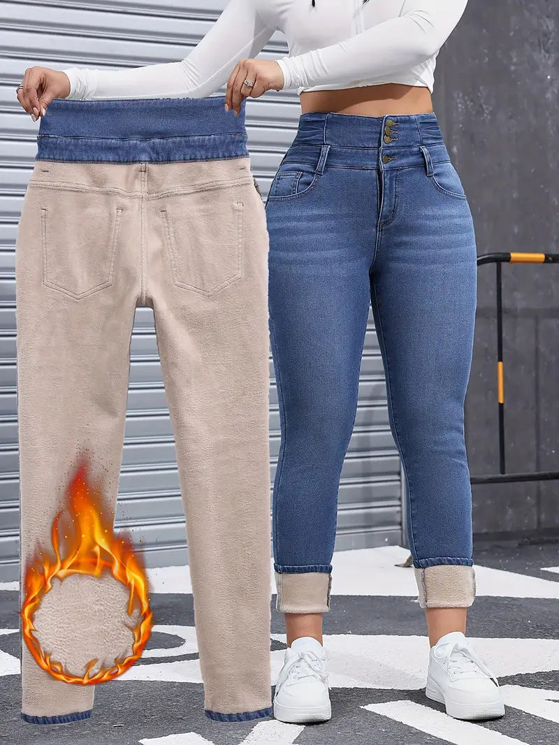 Fleece Lined High Waist Skinny Jeans - Blue