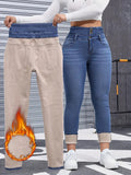 Fleece Lined High Waist Skinny Jeans - Blue