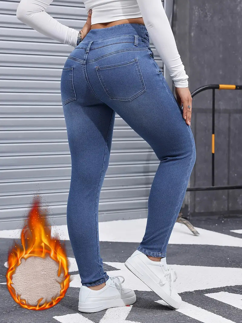 Fleece Lined High Waist Skinny Jeans - Blue - 1