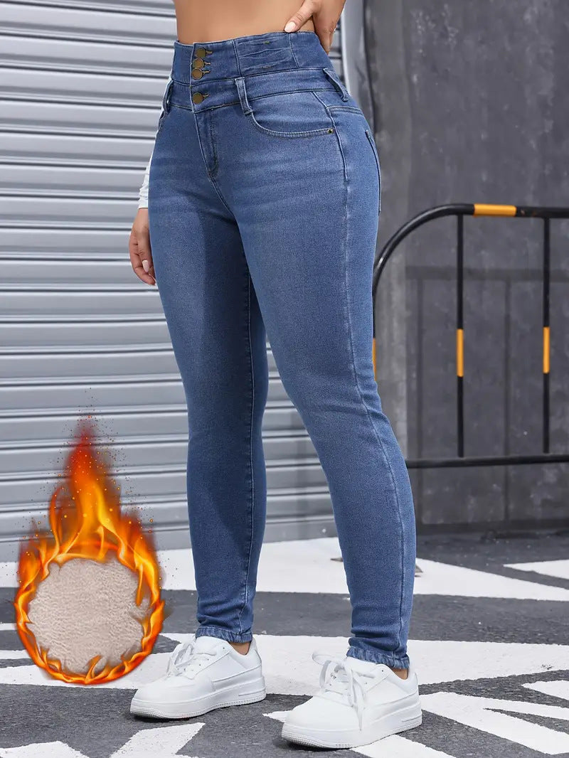 Fleece Lined High Waist Skinny Jeans - Blue - 2
