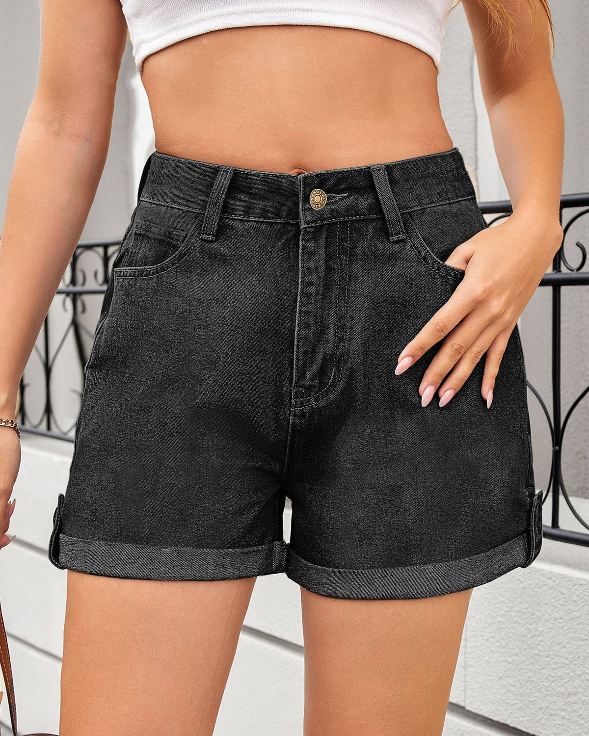 High Waist Denim Shorts With Rolled Hem - Black